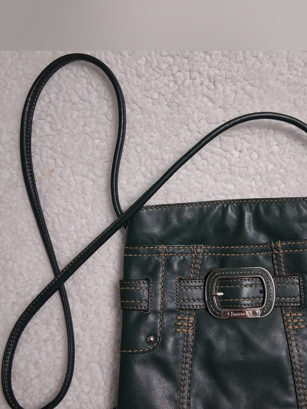 Vintage Tignanello Dark Green Leather Crossbody with Silver Buckle, 22" Drop